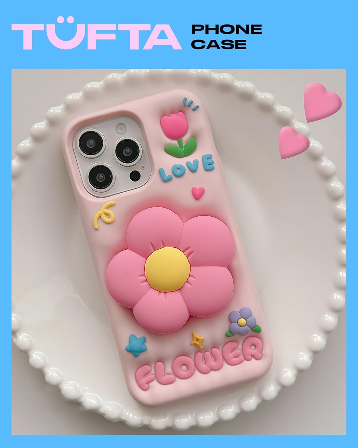 Cute 3D Flower Phone Case for iPhone 12 Pro Max - Retractable Stand & Grip with Floral Design - Girly Aesthetic Kawaii Soft Silicone Phone Cover for Women, Girls, Kids and Teens, Pink - Image 2