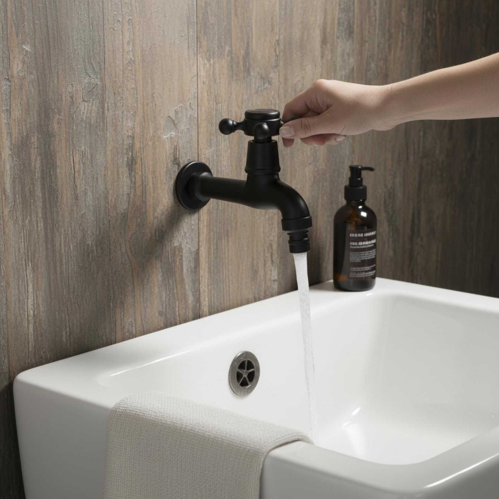 Robinet Vintage pour Eau Froide, Robinet de Vadrouille à Poignée Croisée Mural pour Lavabo Salle de Bain, Robinet Exterieur Jardin avec Monocommande Interface G1/2, Noir