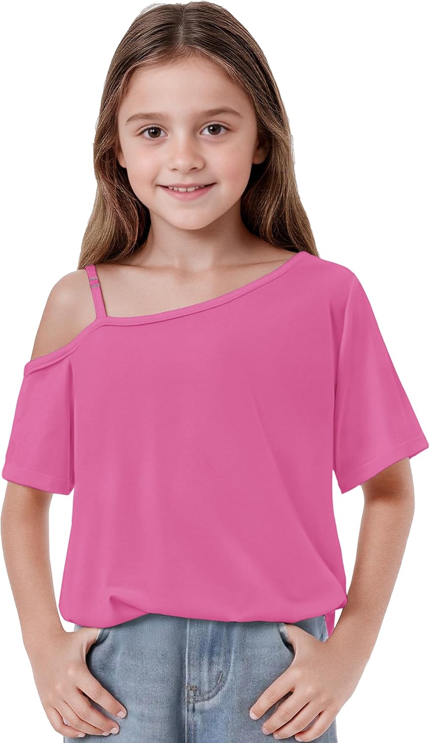 Arshiner Girls T Shirts Trendy Street Style One Shoulder Sleeve Casual Kids Blouse Soft Summer Tees Tops