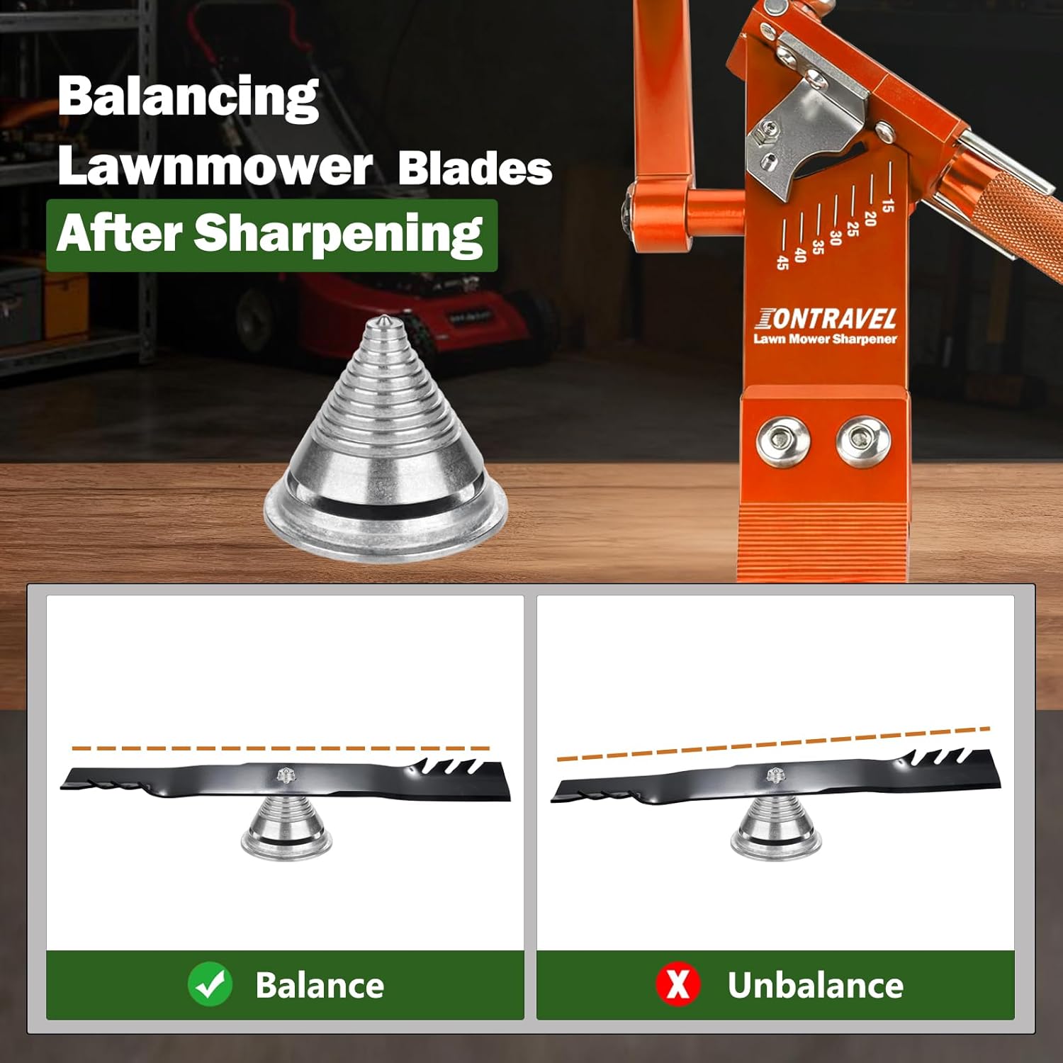 Lawn Mower Blade Sharpener Kit - Includes Model 5005 Blade Sharpener, Metal Blade Balancer & Quick-Install Clamp - for Right & Left Hand Mower Blades (Orange)