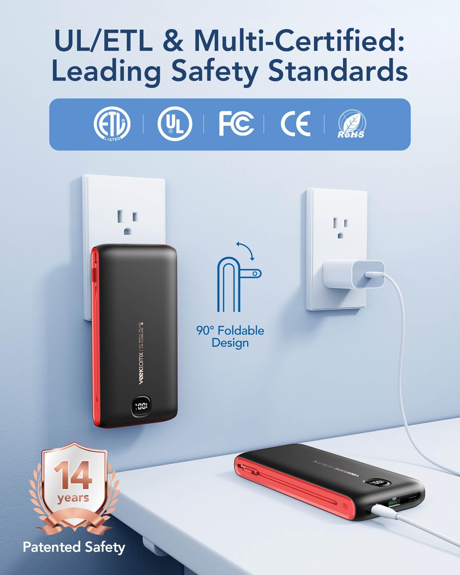 VEEKTOMX 10000mAh Portable Charger with Built-in Cables & Wall Plug view 5