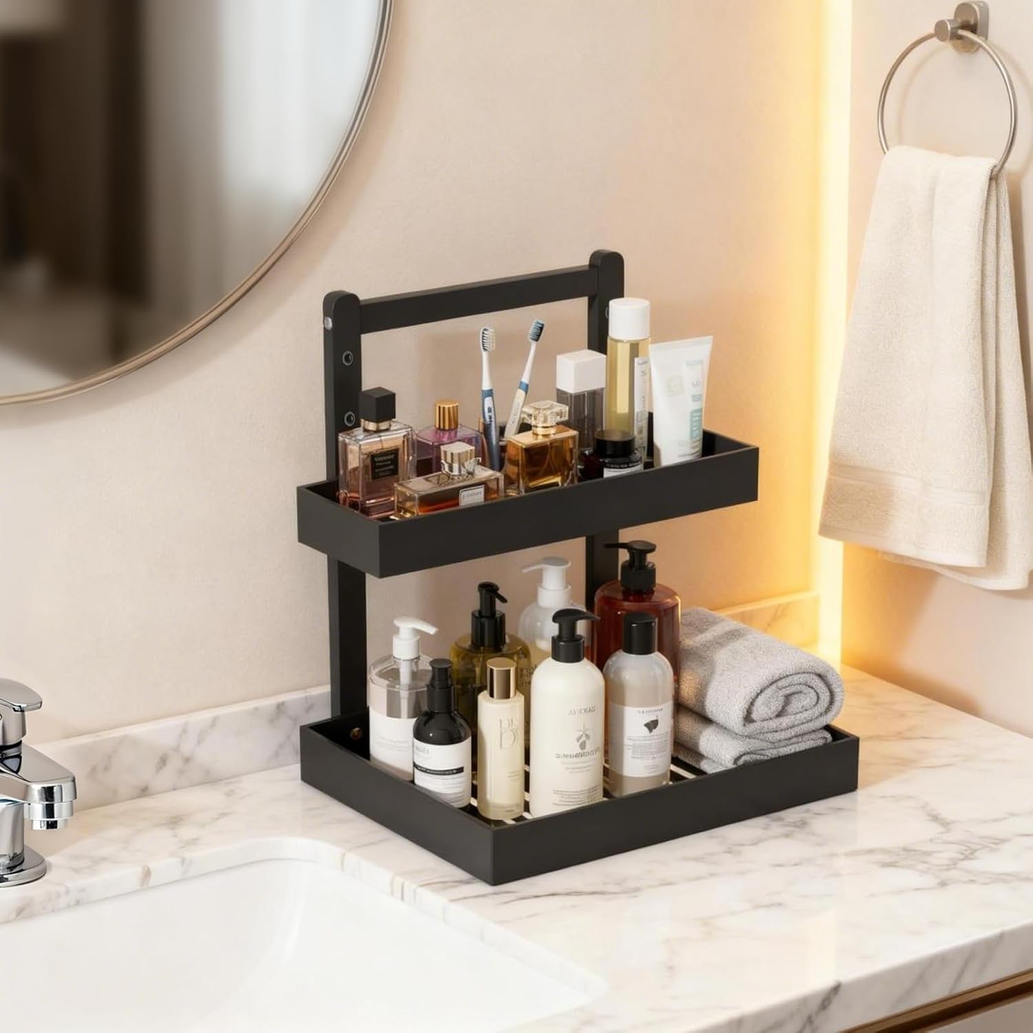 Bamboo Undersink Organizer Storage - 2-Tier Cabinet Shelf with Adjustable Levels, Under Sink Storage Slide Out for Cabinet Pantry Kitchen Bathroom (Black)