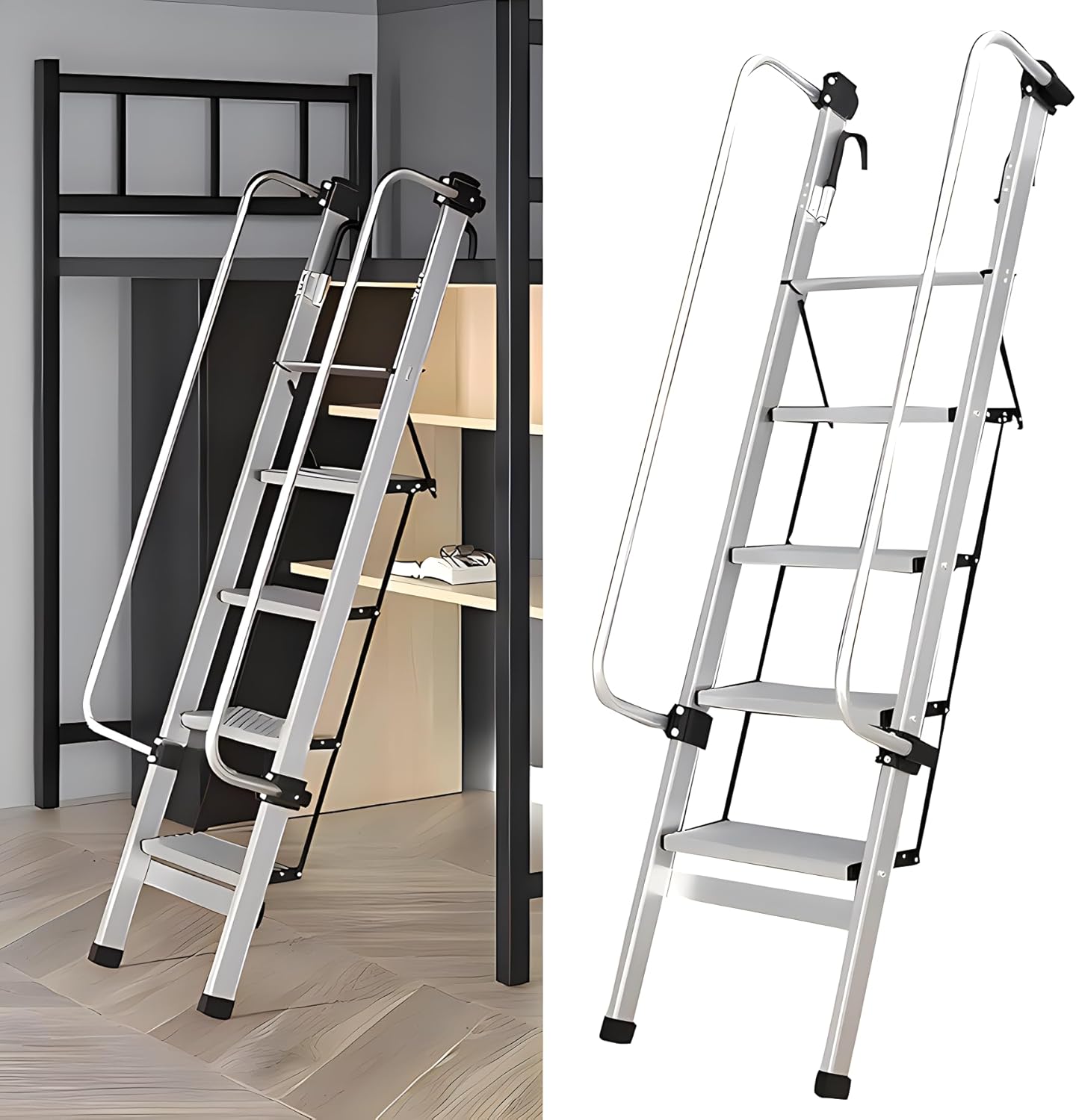 5.6ft Aluminum Bunk Bed Ladder, Adjustable 5 Step Ladder with Handrails Hooks and Folding 7.9" Wide Pedals, RV Camper Dorm Loft Ladder Only for Lofted Bunk Beds Truck Climbing Replacement Anti-Slip SDARD02 5-Step