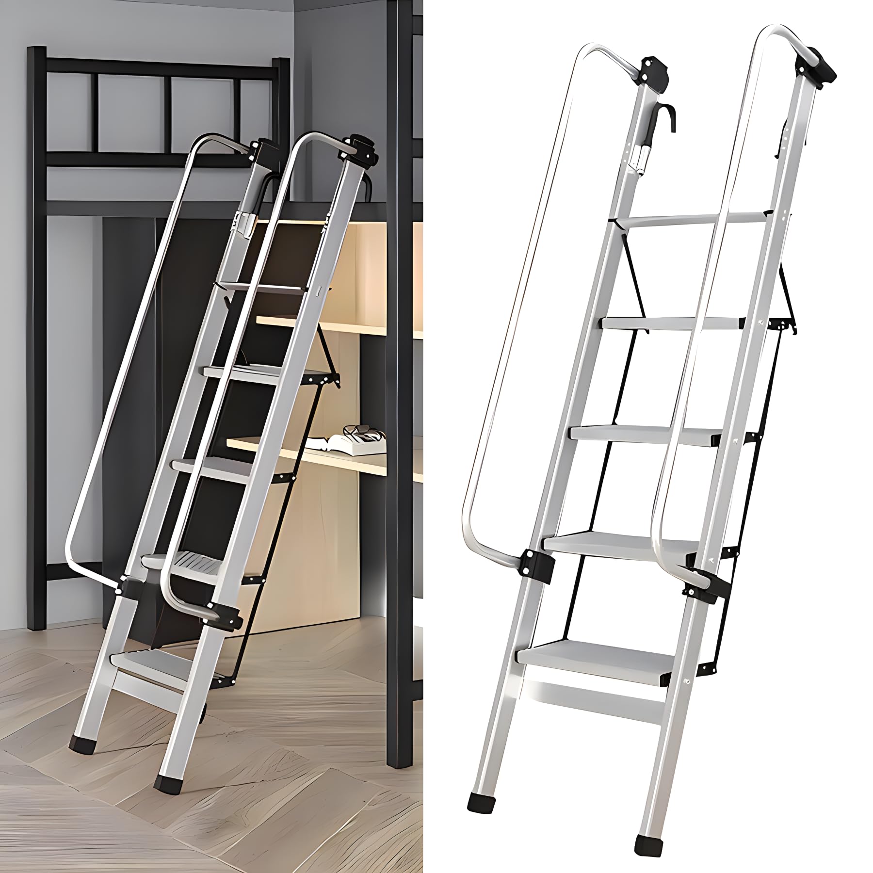 5.6ft Aluminum Bunk Bed Ladder, Adjustable 5 Step Ladder with Handrails Hooks and Folding 7.9" Wide Pedals, RV Camper Dorm Loft Ladder Only for Lofted Bunk Beds Truck Climbing Replacement Anti-Slip