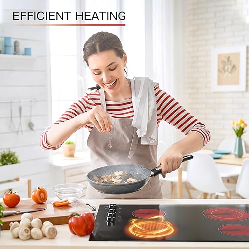 Miniatura 3 de IsEasy Estufa eléctrica de 30 pulgadas, estufa de cerámica integrada de 4 quemadores, vidrio satinado negro con controles de perilla, 9 niveles de