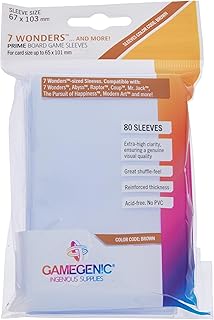 Prime Board Game Sleeves | Pack of 80 Extra-Clear Sleeves | 67 by 103 mm Card Sleeves Optimized for Use with 7 Wonders | Premium Card Protection | FFG Brown Color Code | Made by Gamegenic