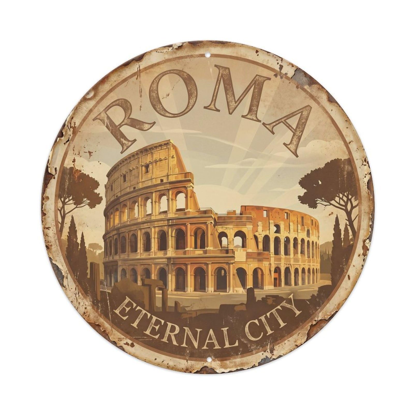Vintage Travel Colosseum Italy Monument Metal Tin Sign Plaque Wall Decor for Cafe, Club Bar, Office, Home Garden Round Metal Poster 8x8Inch