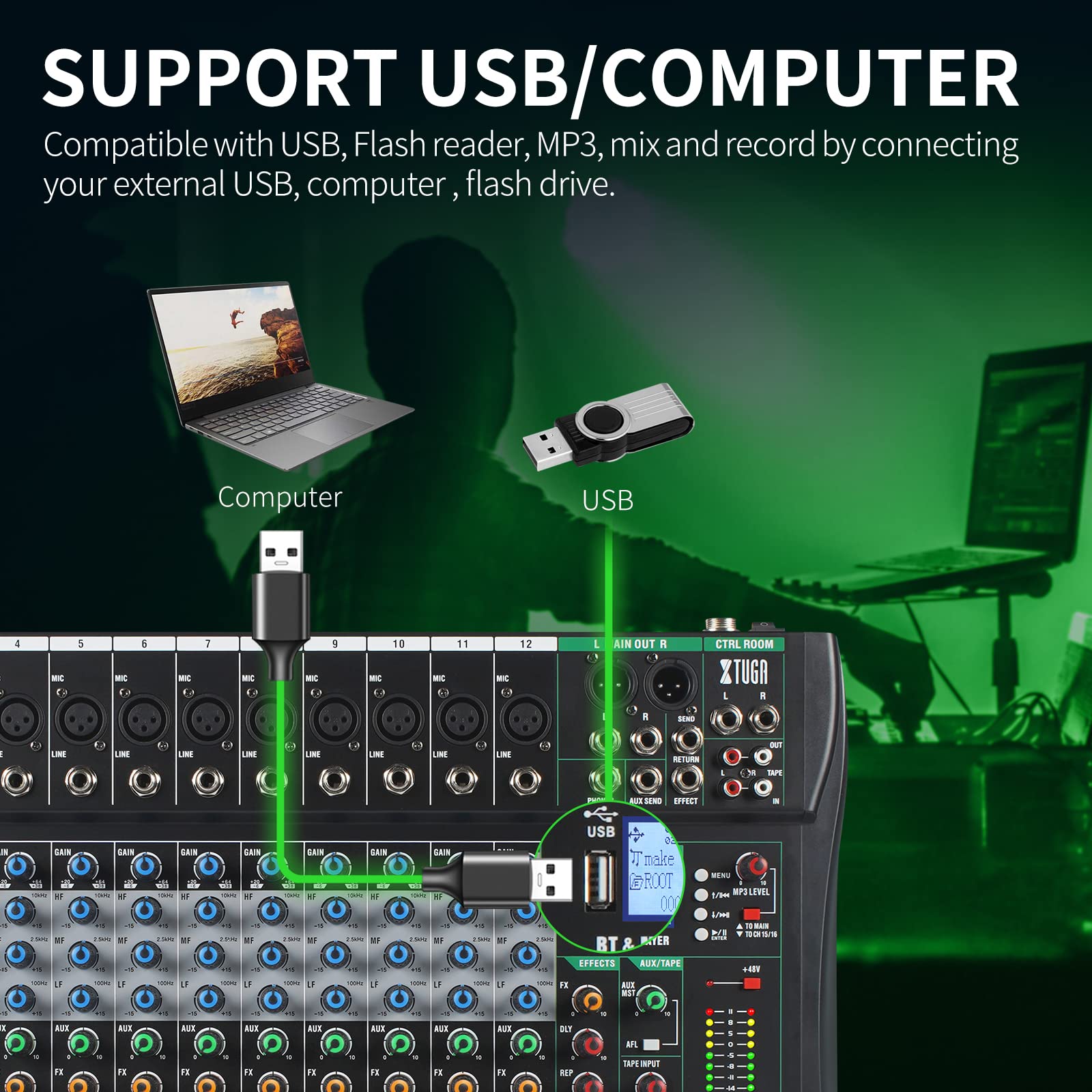 XTUGA Table De Mixage, Table Mixage Audio USB Table de Mixage DJ 12 Pistes Bluetooth MP3 Egaliseur 3 Bandes Interface USB/Audio Alimentation Fantôme 48V(CT120)