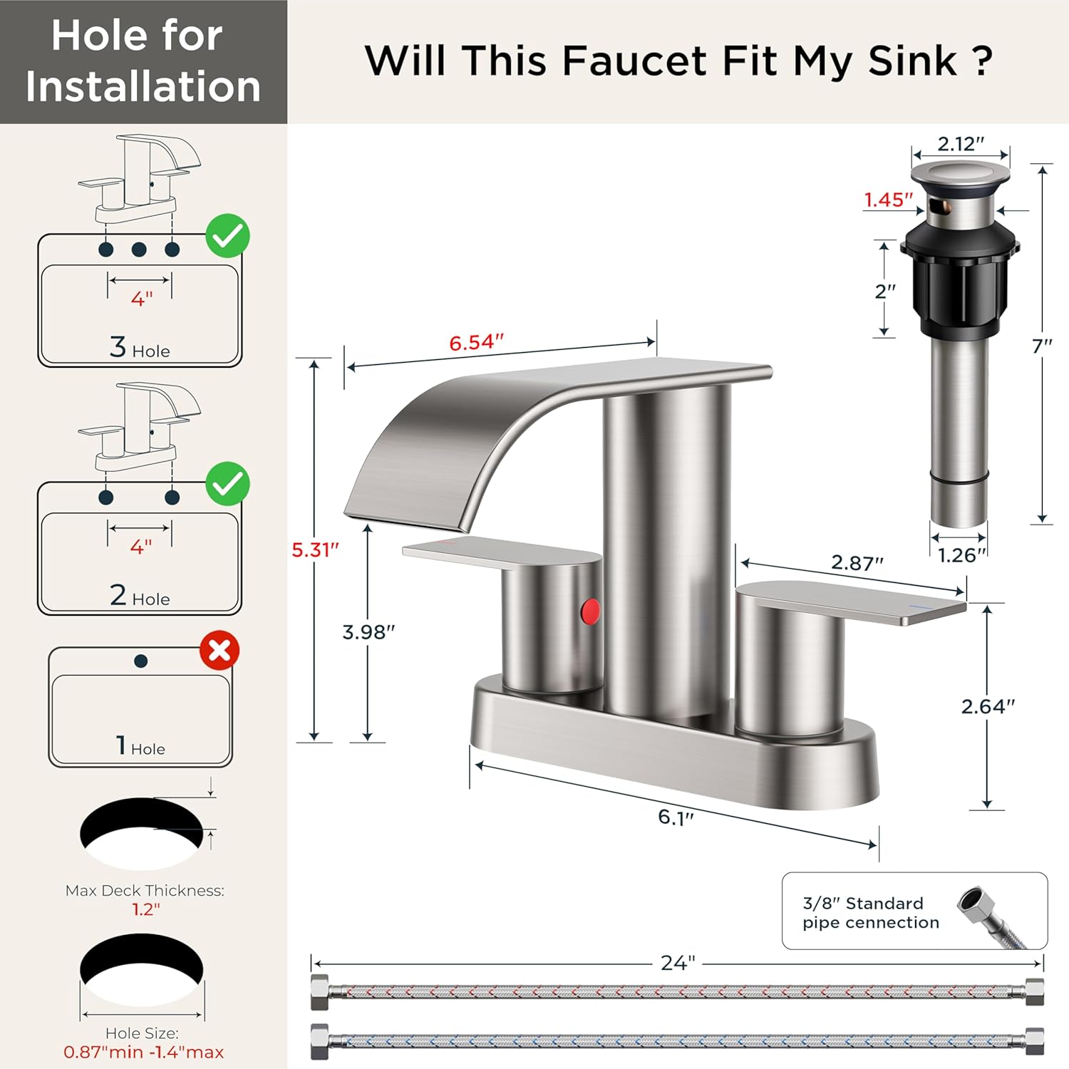 FORIOUS Brushed Nickel Bathroom Sink Faucet, Waterfall 4 Inch Centerset Bathroom Faucets with Metal Pop up Drain and cUPC Hose for Basin, Vanity, RV, Pedestal 2 or 3 Hole Sink
