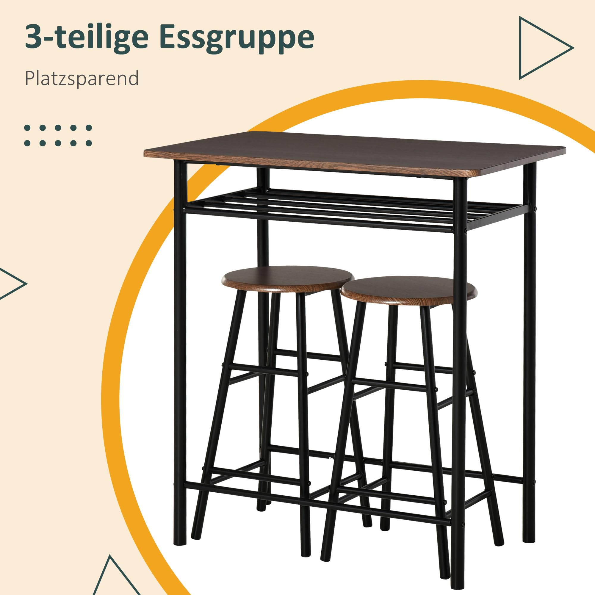 HOMCOM Bartisch Set Bartisch mit 2 Barhockern Essgruppe Küchentisch mit Lagerregal Esstisch für Esszimmer, Küche, Schwarz