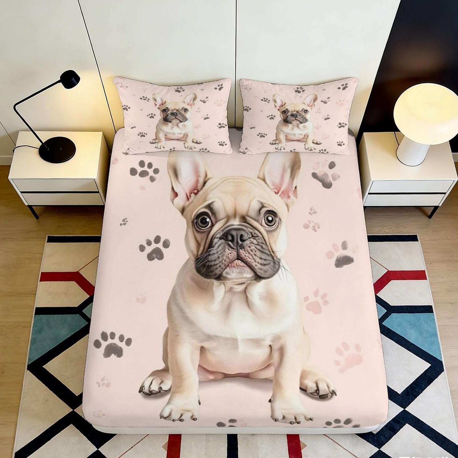 3D Printed French Bulldog Fitted Sheet Microfiber Soft Pink Dog Paw Mattress Cover for Bedroom Guest Room Decor 140x200x25cm