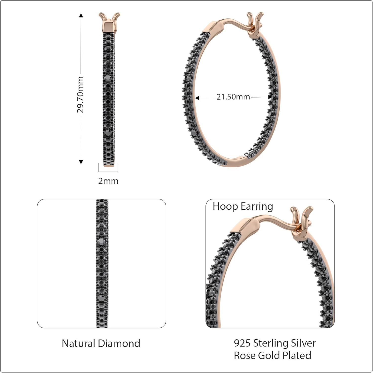JEWEL ZONE Black Natural Diamond Accent Inside Out Hoop Earrings 14K Gold Over Sterling Silver, Gift For Her Hypoallergenic Jewelry for Sensitive Ears Large Big Hoop Earring