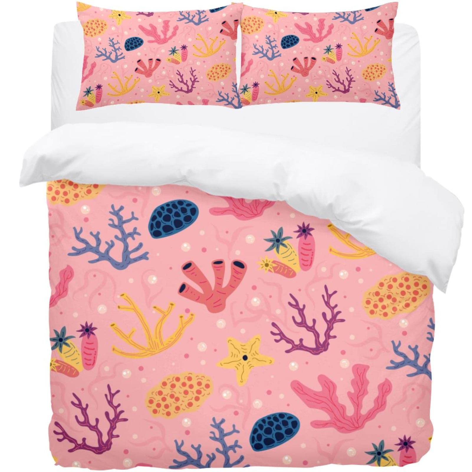 Parure de lit simple 3 pièces motif marin rose avec housse de couette
