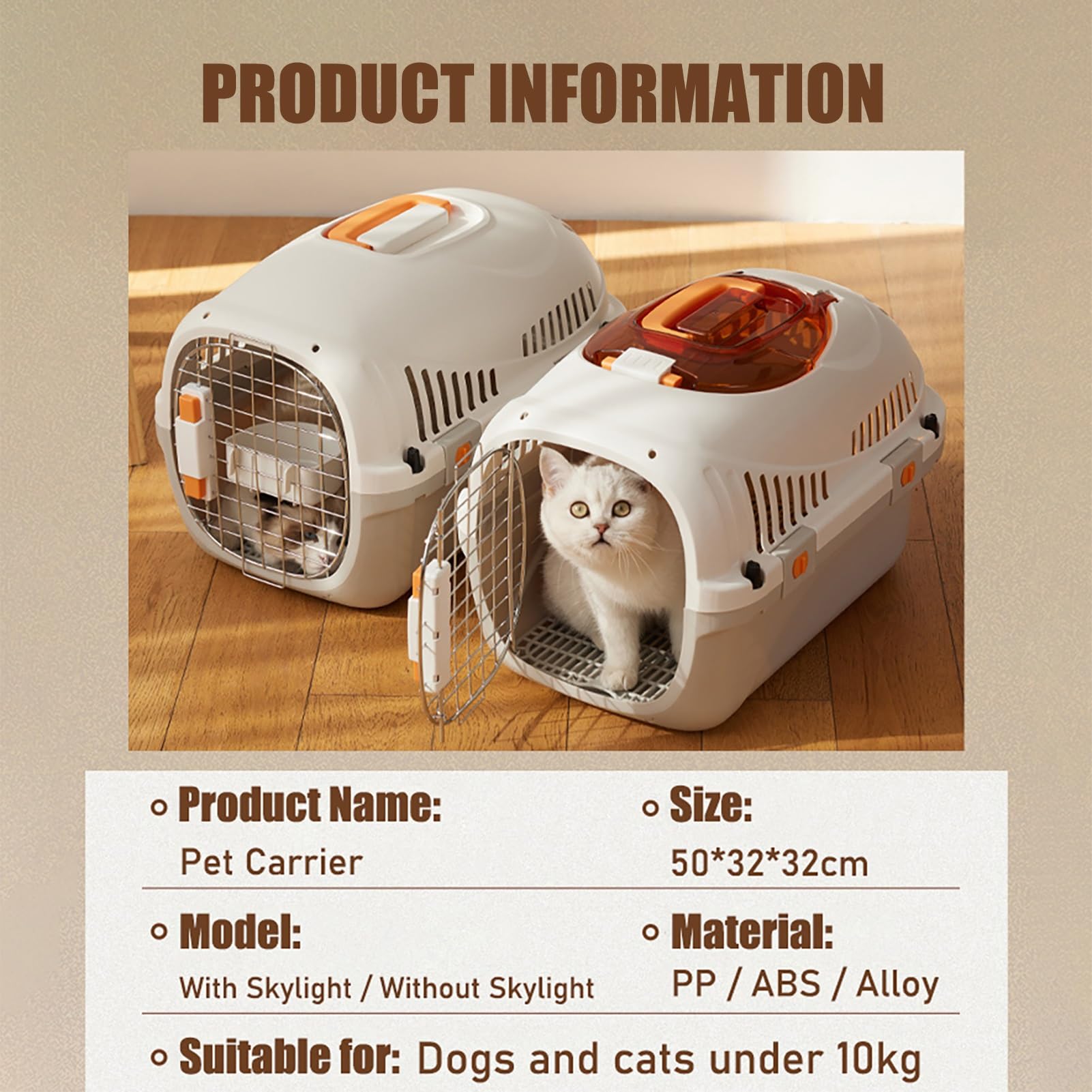 Trasportatore Leggero per Animali Domestici, Trasportino Rigido per Gatti e Cani, Custodia per Viaggio Omologata per Aereo con Struttura Robusta e Design Traspirante, Ideale per Viaggi(White,Skylight)