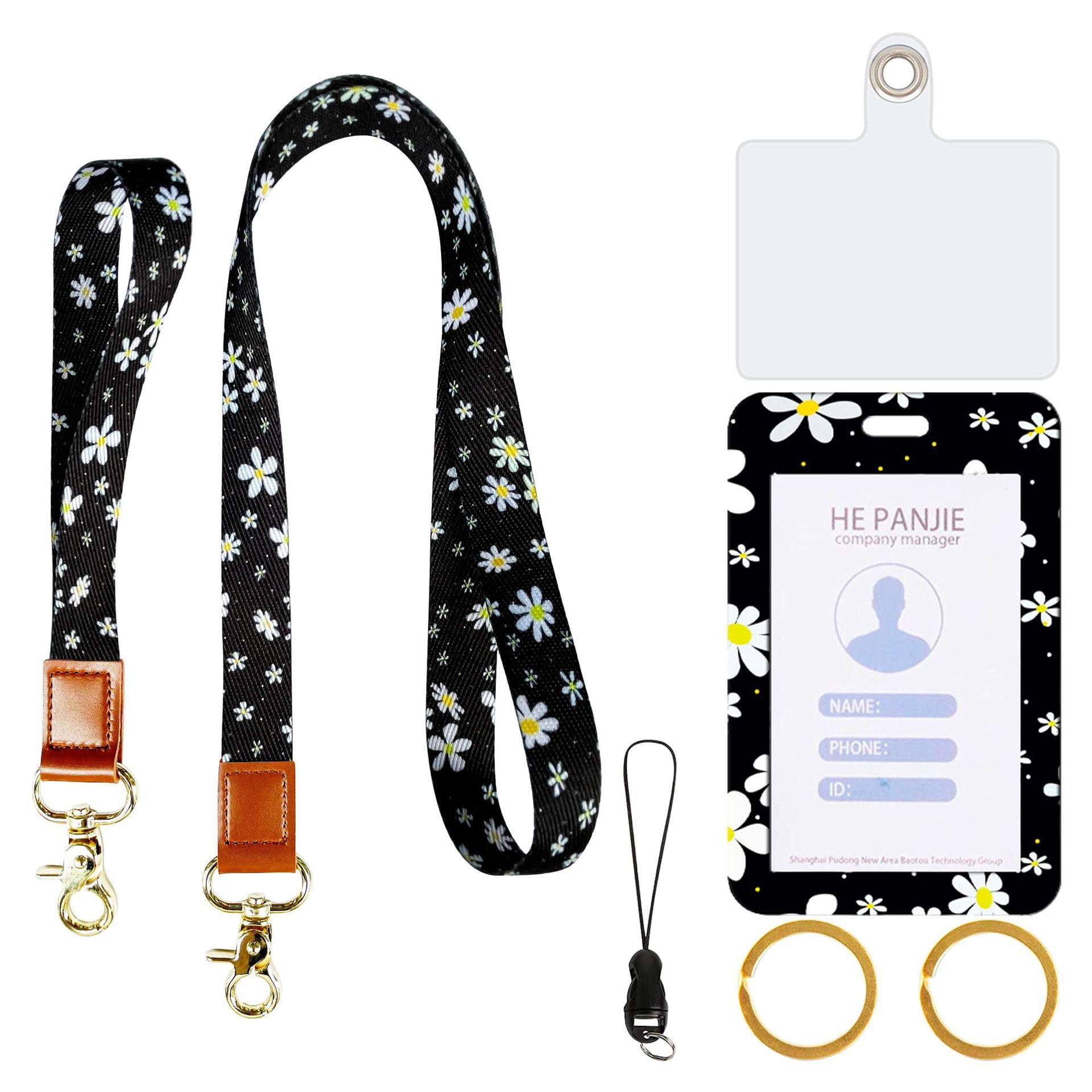 2 Set Lanyard for ID Badge and Keys, Thickened Polyester Webbing Leopard Print Cow Print Floral Print Card Sleeve PVC Transparent Phone Pad Hanging Rope(7 Black and White Small Flowers)