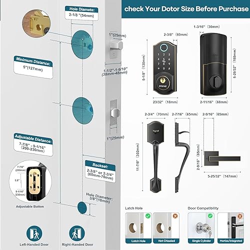 Miniatura 6 de Juego de cerradura de puerta inteligente con asa juego de cerradura de puerta delantera SMONET sin llave, teclado de huellas dactilares, Bluetooth