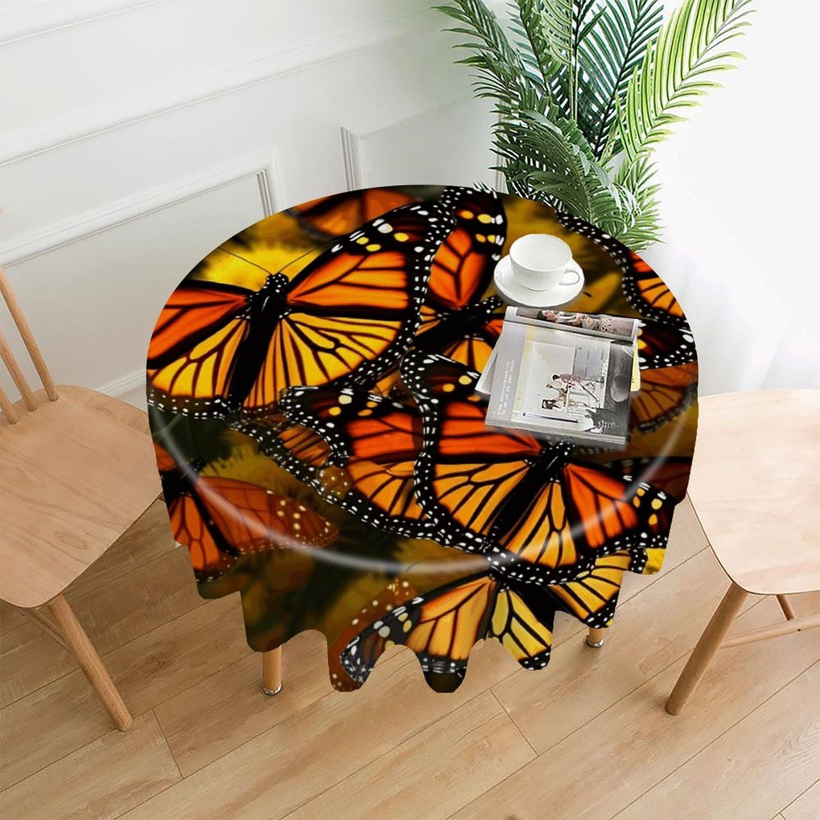 Monarch Butterflie Tablecloth Exquisite Wrinkle-Free Straight-Edge Round Table Cloth Anti-Fading Premium Polyester Tablecloth Waterproof Folding Table Cloths for Tables Decor