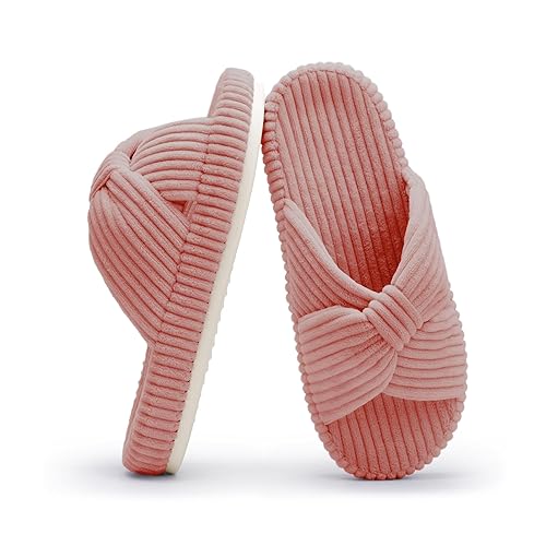 Chantomoo Slippers for Women Memory Foam House Bedroom Corduroy Bow Crossbands Slipper Shoes Comfy Trendy Gift Slippers - 7-8 - A Dark Pink