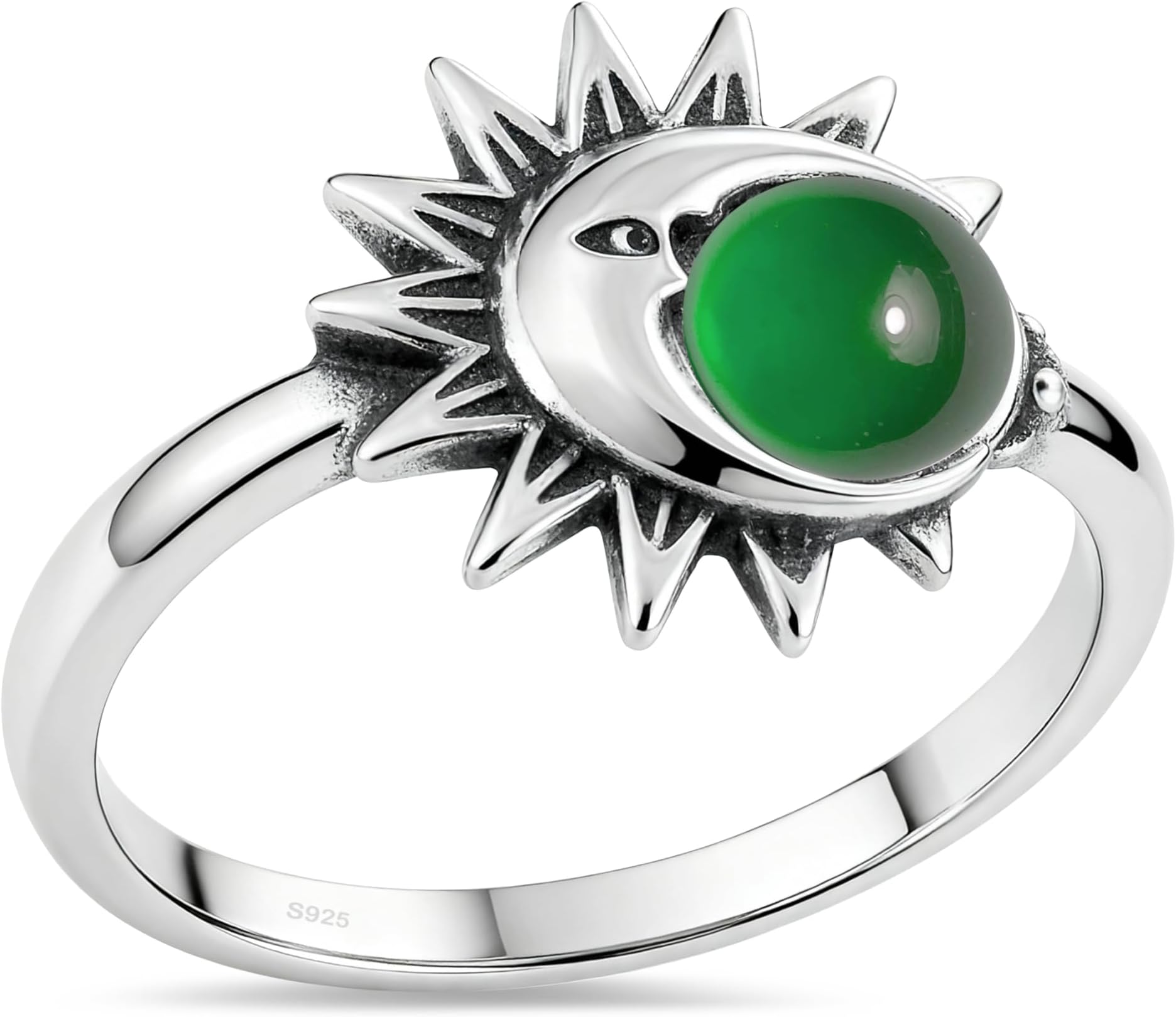925 Sterling Silver Stone Ring,Natural Round Crystal Gemstone Ring,Sun Moon Statement Boho Bohemian Ring for Women