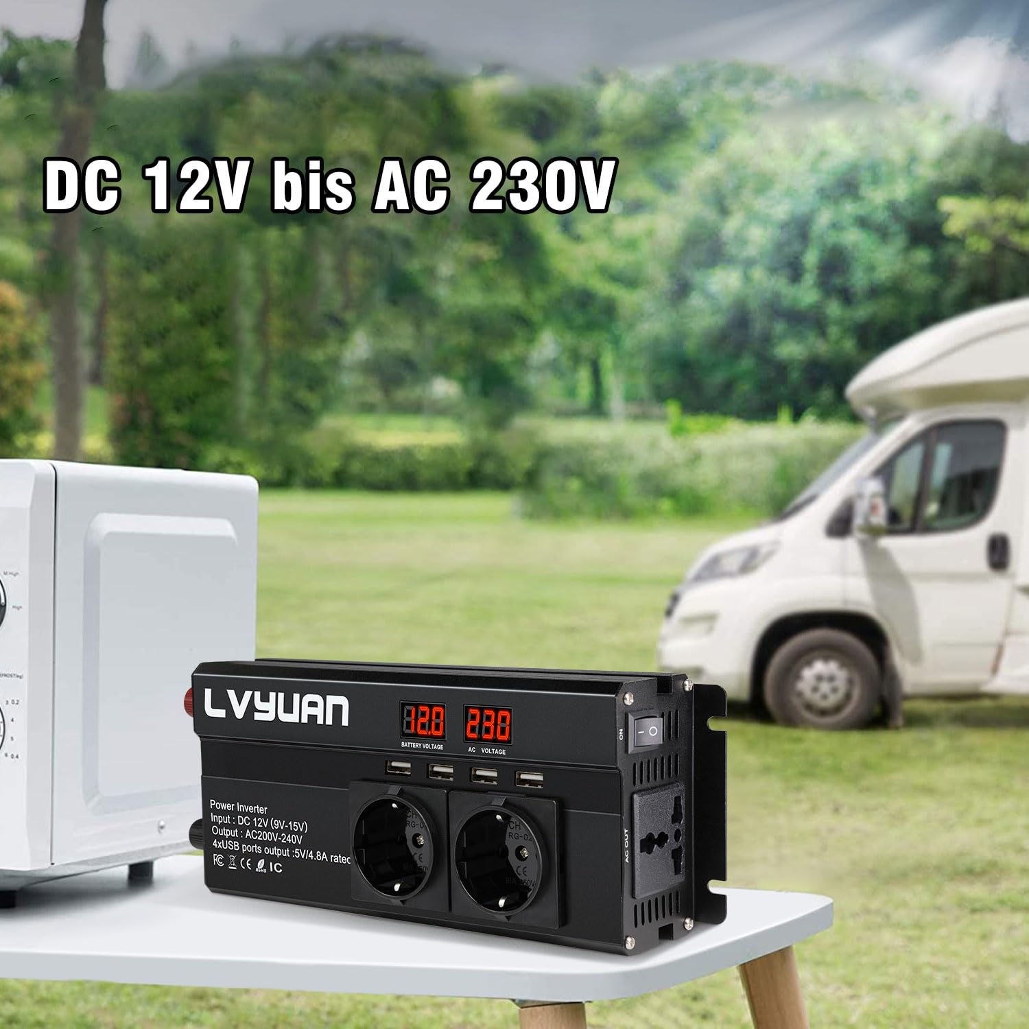 LVYUAN Convertisseur 12V à 220V 800W/1600W Onduleur avec 4 Ports USB, 3 AC et 2 LED Display