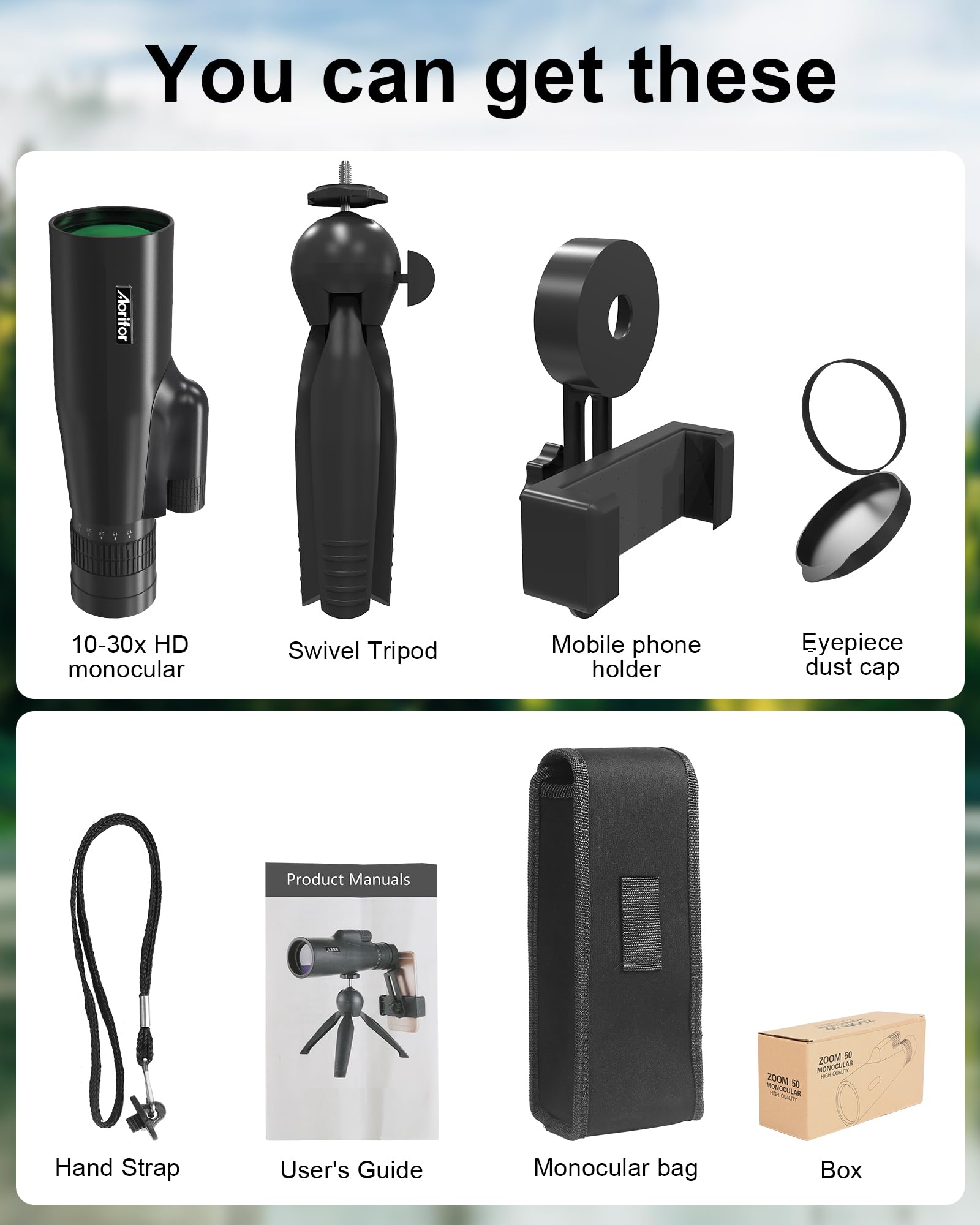 Monoculares de 10-30 x 50 para adultos de alta potencia, el monocular es adecuado para todo tipo de actividades al aire libre, el telescopio monocular se puede combinar con soporte para teléfono