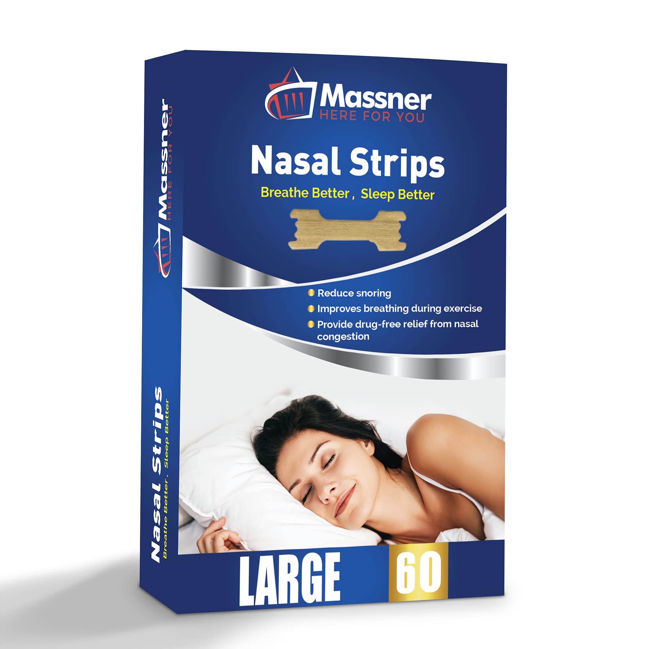 Nasal Strips 60 Pack Anti-Snoring Aid for Fast Relief. Instantly Stops Snoring for Better Sleep, Less Congestion. Improved Air Flow, Gentle Spring Like Action. 55x16mm (Large)