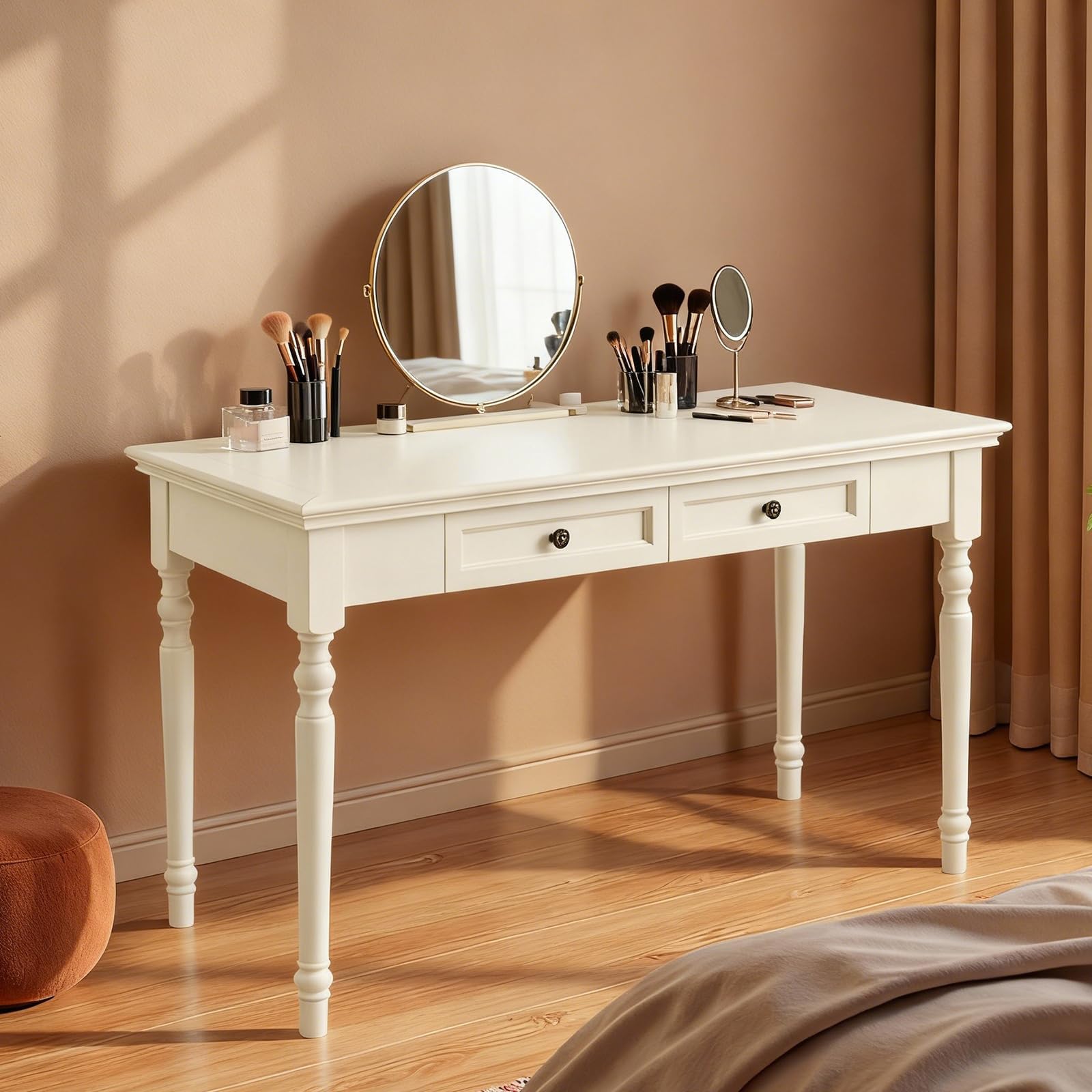Scrivania Vintage In Noce Con 2 Cassetti, Scrivania Tradizionale Da 120 Cm In Stile Rustico, Tavolo Da Trucco Classico In Legno Massello, Per Ufficio, Studio O Soggiorno, White