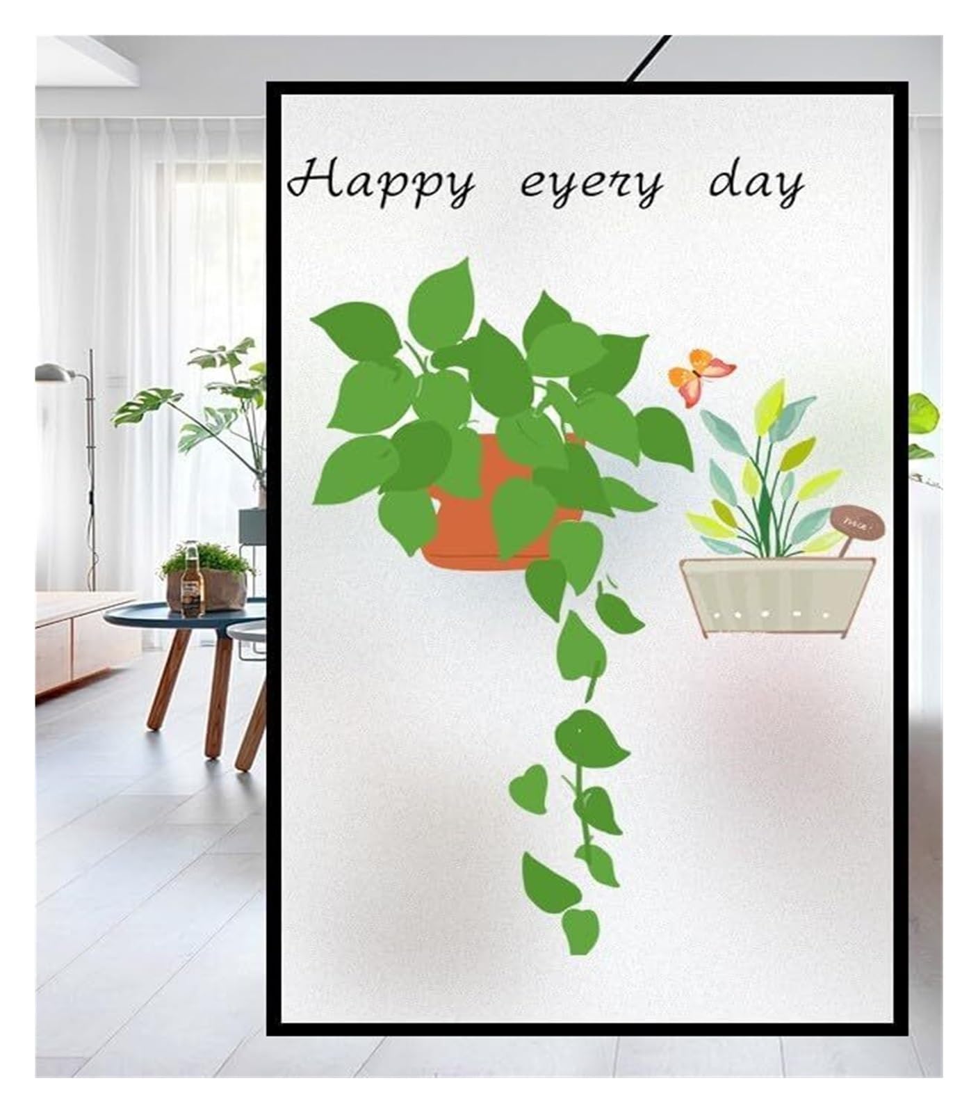 window film， Green Plant Butterfly Privacy for Glass Windows Opaque Bathroom Window(60x200cm)