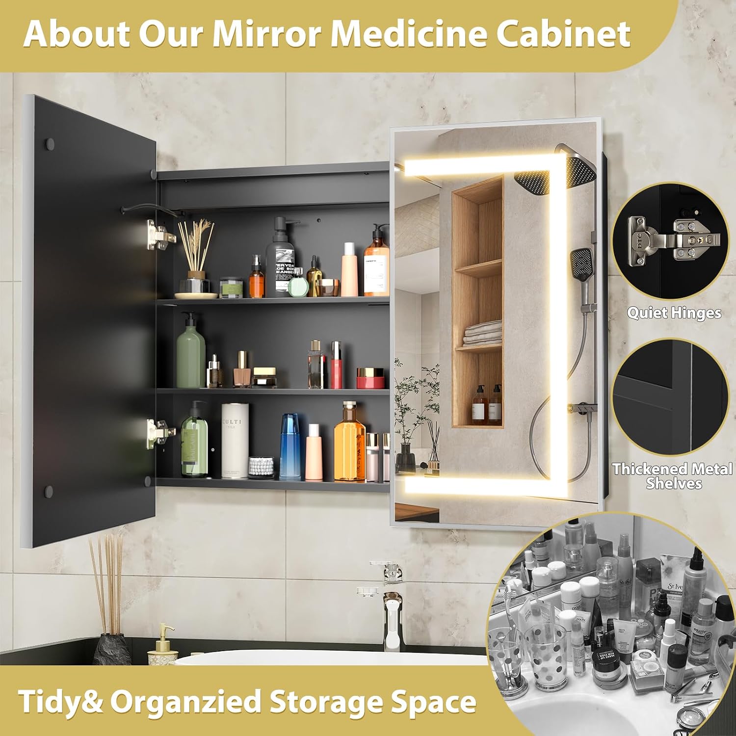 ROOMTEC Lighted Medicine Cabinet with Mirror 36"x30", Wall Mounted Bathroom Mirror with Storage, 2 Doors Bathroom Wall Cabinet with LED Lights, Sliver