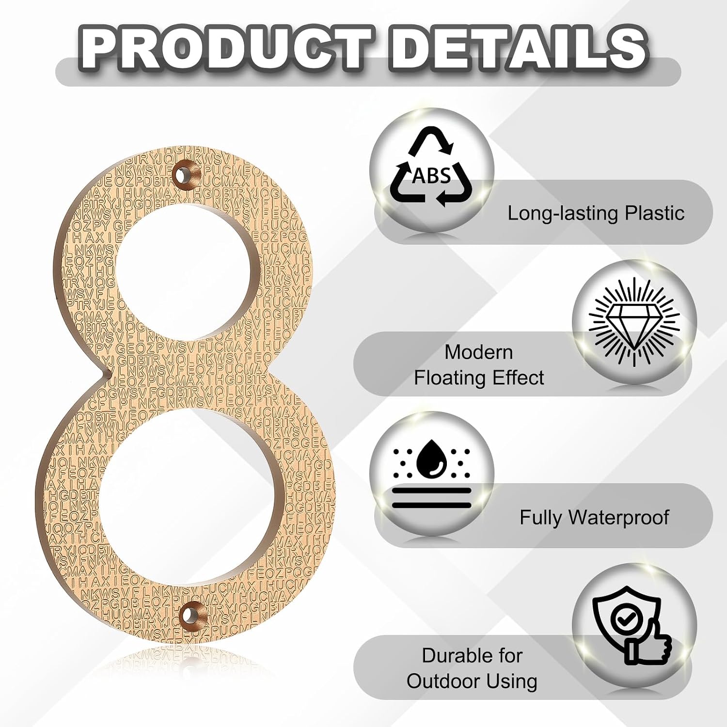 PATIKIL 6 Inch House Numbers for Outside, Number 8 ABS Plastic Texture Floating House Number Modern Mailbox Address Door Numbers with Nail Kit for Outdoor Residential Street, Gold Tone