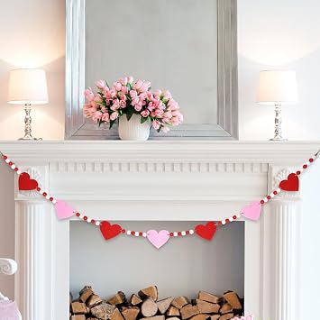 4.2 FT Valentines Day Felt Heart and Wooden Beads Garland Heart Hanging Decorations, Romantic Beaded Banner for Fireplace Mantel, Wall, Tiered Tray, Wedding, and Love Celebration Decor