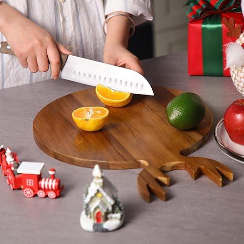 Vista 5 de Uiifan Tabla de cortar de Navidad con mango de cornamenta, tabla de servir de madera de acacia, tabla de cortar para árbol de Navidad, bloque