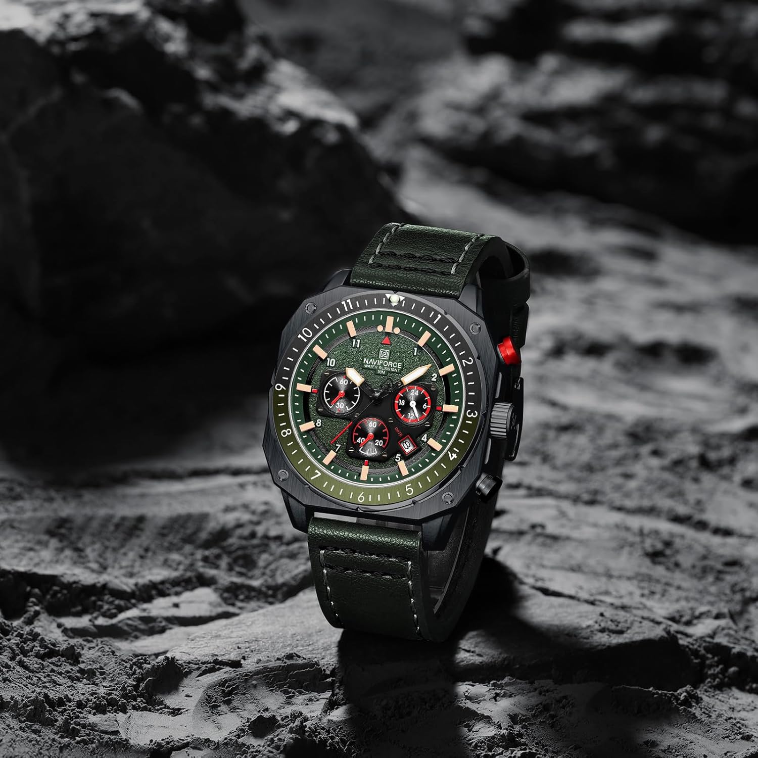 NAVIFORCE Men's Fashion Sport Watches Military Square Big Face Waterproof Chronograph Wristwatch with Luminous Hands,Leather Strap - Image 6