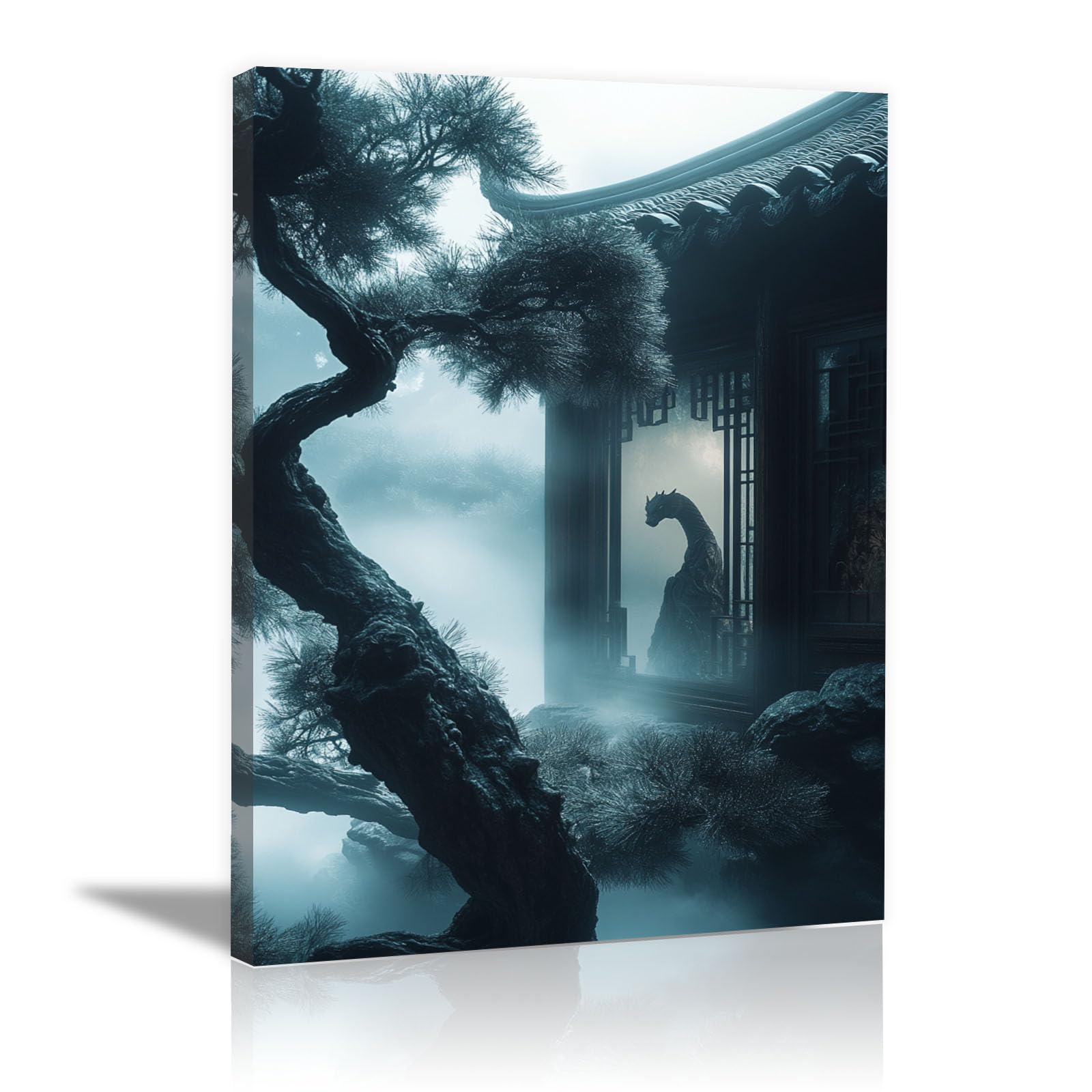 WUFIEA Azjatyckie płótno sztuka ścienna tradycyjna chińska mgiełka sosnowe pawilony do dekoracji domu biura salonu sypialni (Blu foschia) - 60 x 90 cm oprawione