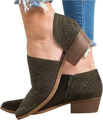 ZBYY Womens Ankle Boots Low Heels Chunky Cutout Booties Closed Toe Perforated V Cut Western Shoes Slip-on Short Boots