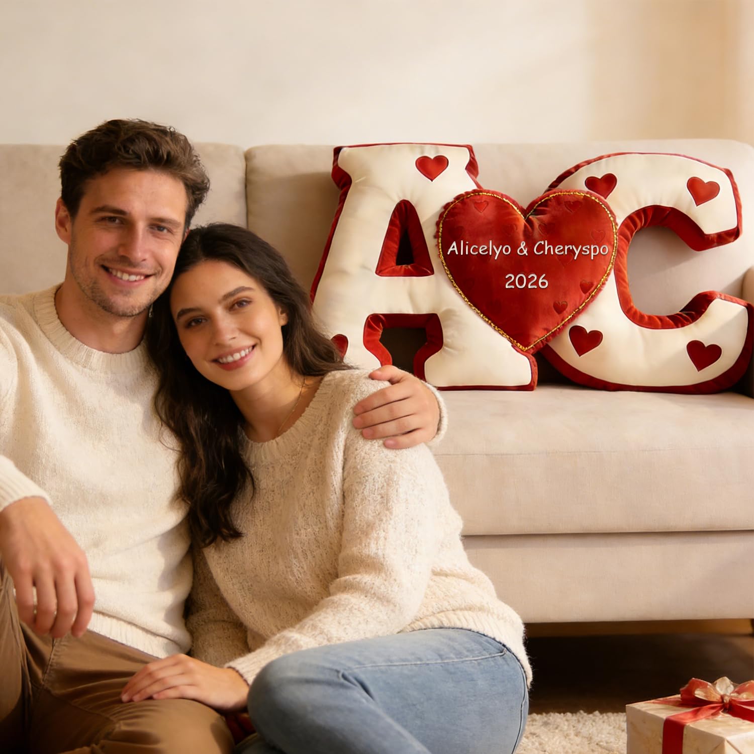 Cuscino per coppia di cuori con lettera personalizzata, cuscino con iniziale del nome, stampa 2D, cuscino decorativo per San Valentino, per divano, soggiorno, letto, Natale, San Valentino, regali di