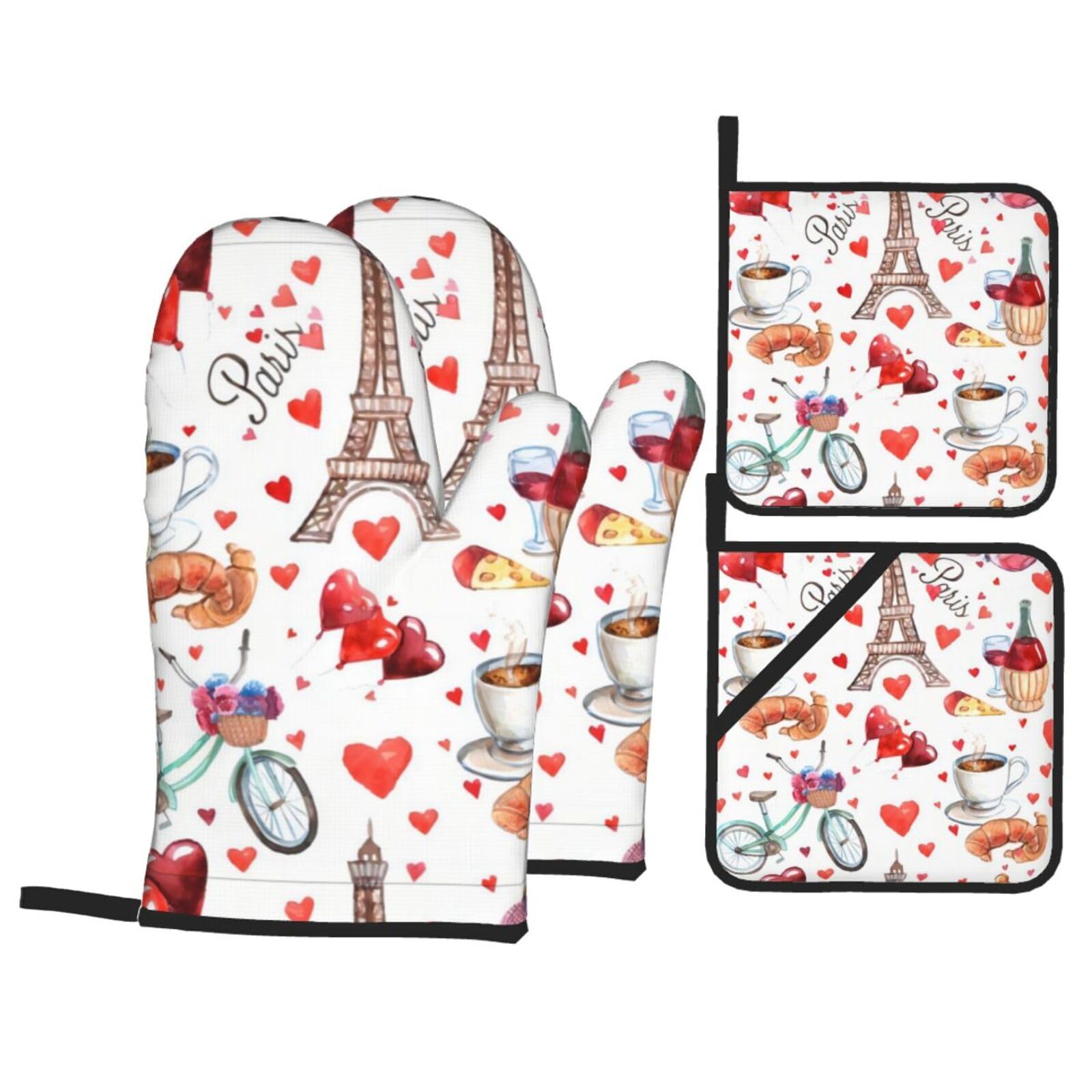 YYHHAOFA Love Paris Tower Bicycle Heart Prints Kitchen Baking Set with Heat Resistant Pot Holders & Oven Mitts - Waterproof Layer for Hot Dishes, Grill & Microwave