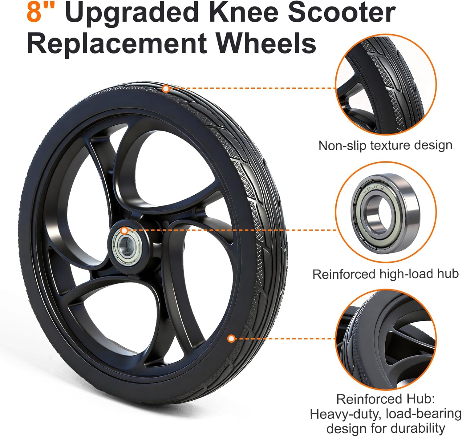 2PCS 8 Inch Walker Wheel, 5/16" (10 mm) Bearing Solid Replacement Wheels for,Knee scooter (8 Inch) (10mm) Matte Black