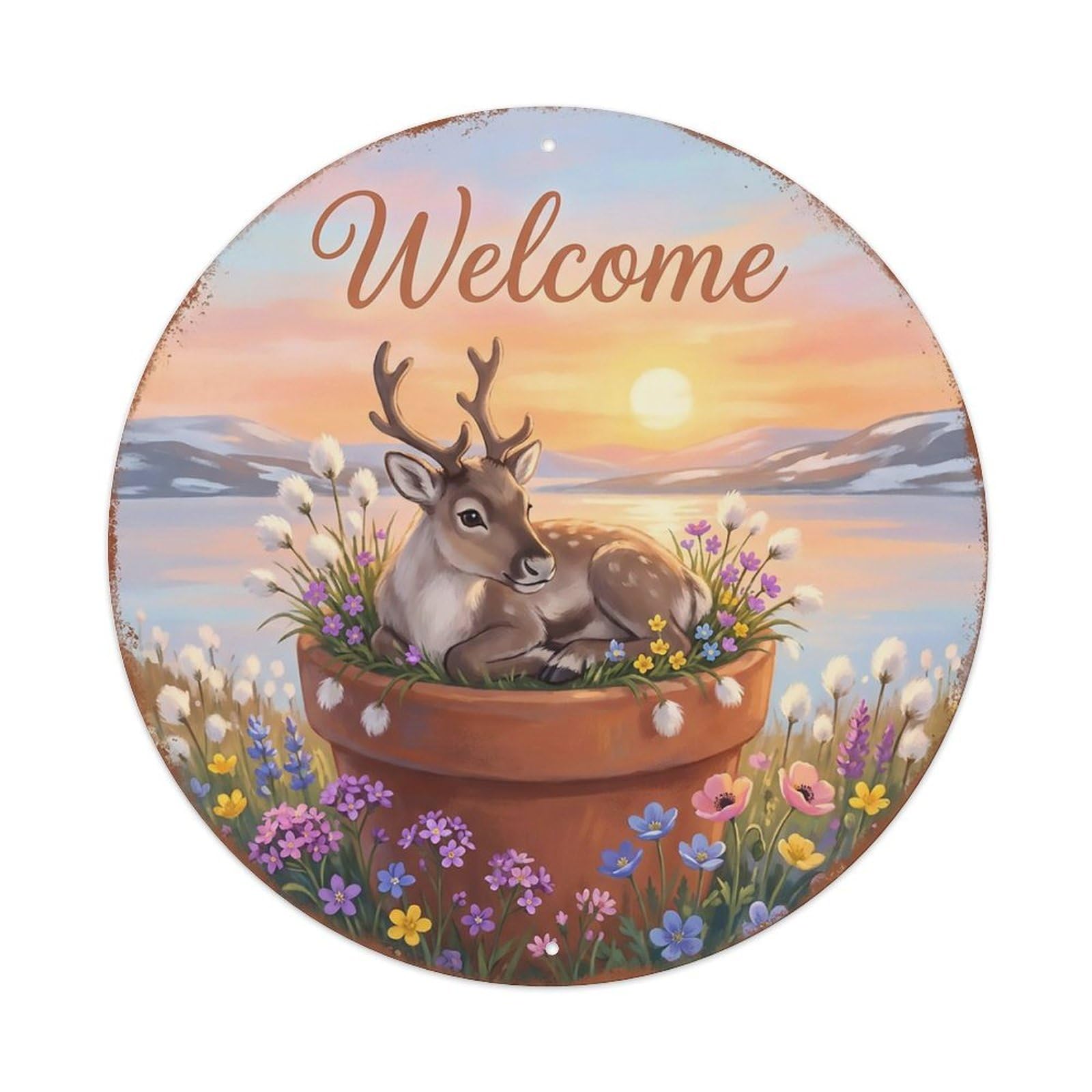 Welcome Reindeer Spring Tundra Metal Tin Sign