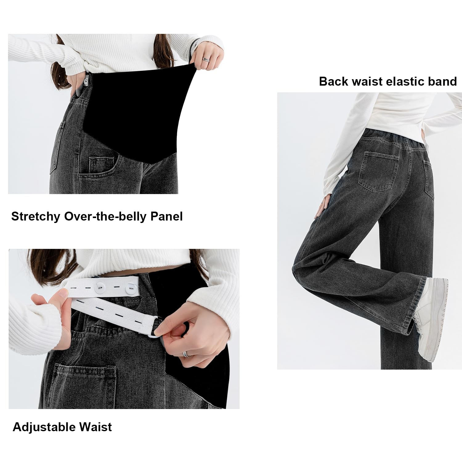 Alled Schwangere Jeanshosen, Damen Umstandshose Jeans Weite Beine Dehnbare Verstellbare Taille, Mutterschaft Jeans Lose mit Taschen Lounge Hosen