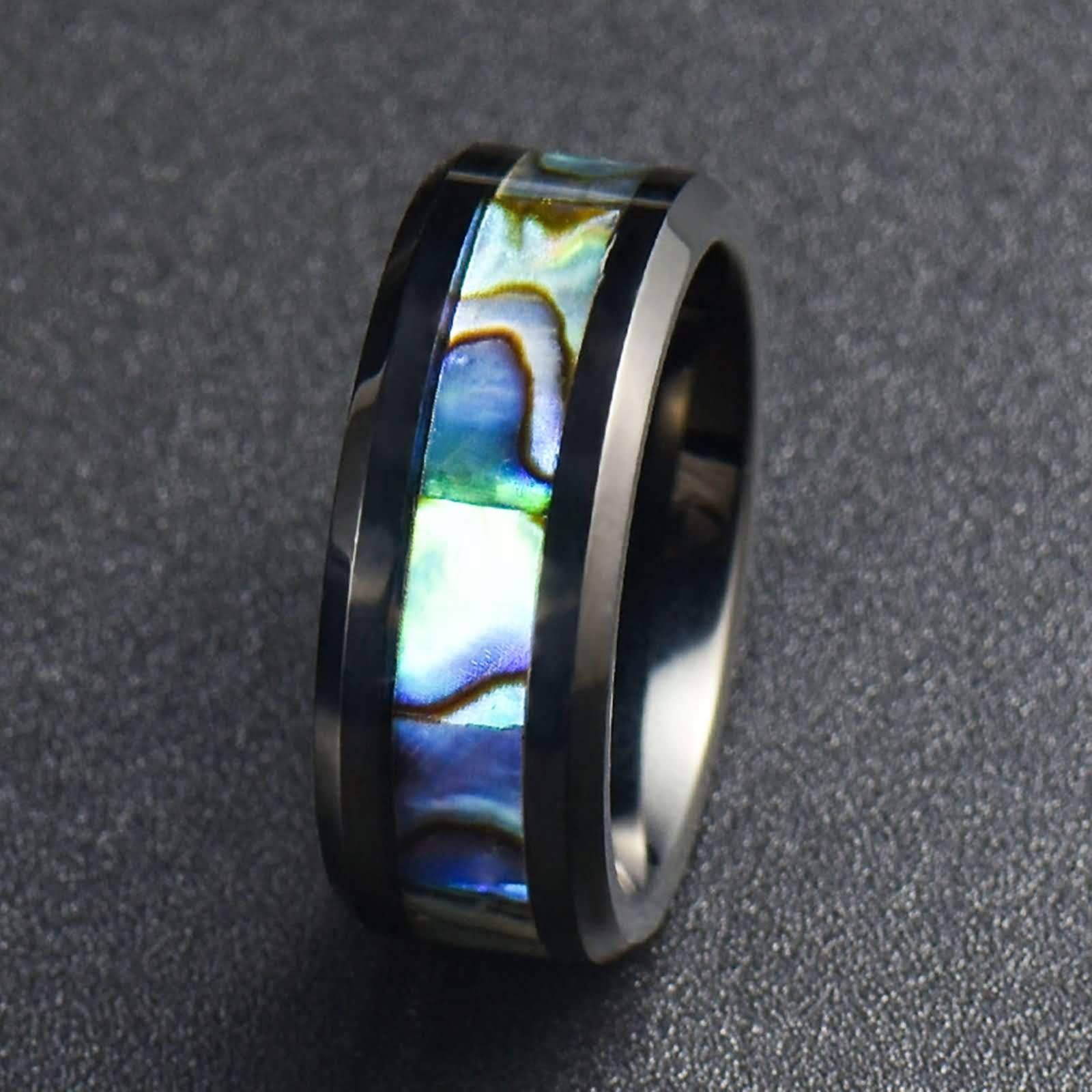 Anelli Uomo Tungsteno Anello Conchiglia Abalone Intarsiata Anello Fidanzamento Personalizzato 8MM Anello Promessa Nero Misura 12-31