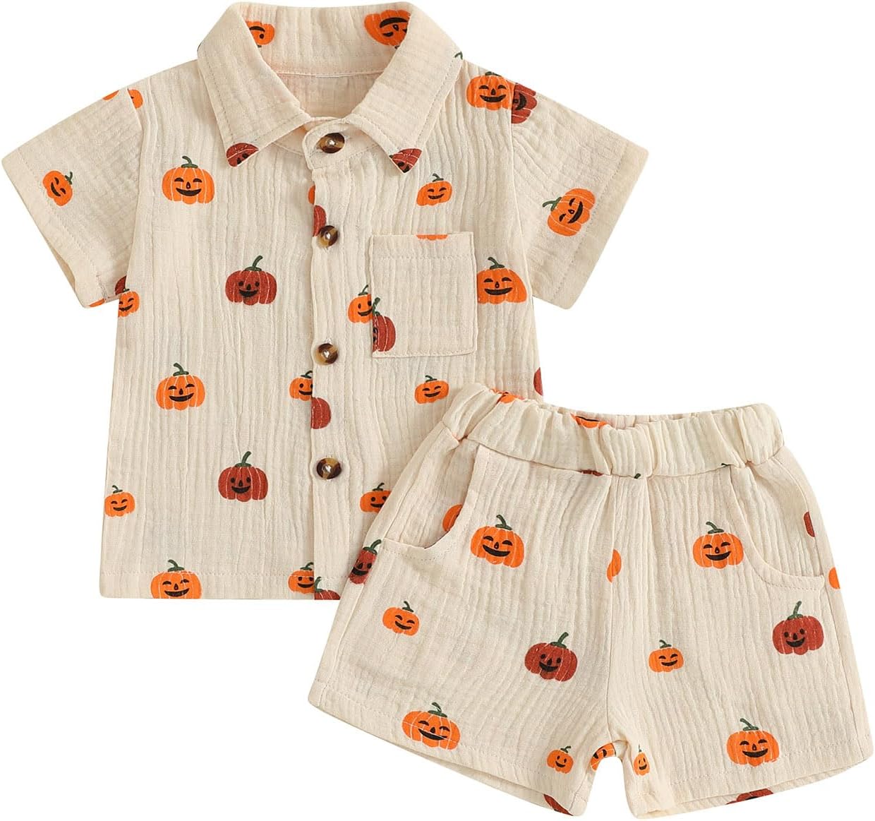 Toddler Baby Boy Halloween Outfit Pumpkin Cotton Linen Button Down Short Sleeve Shirt and Shorts 2 Piece Clothes Set