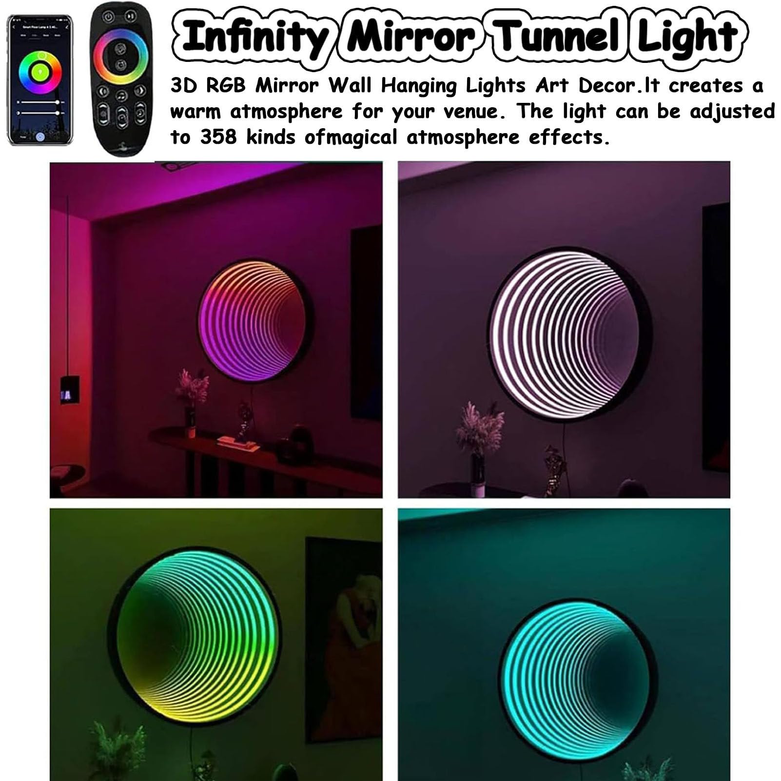 Oświetlenie tunelowe z lustrem nieskończoności, 3D LED, lampka nocna z pilotem zdalnego sterowania, wielokolorowa, zmieniająca się lampa tunelowa, do dekoracji domu i sypialni