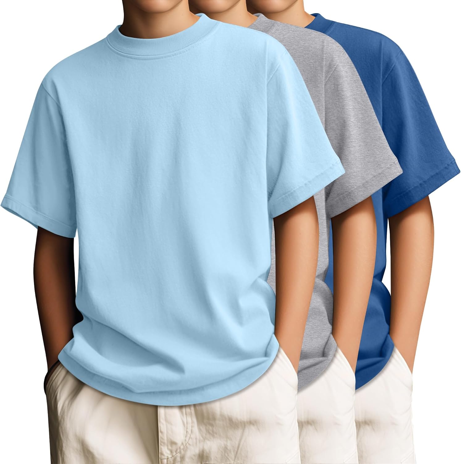 3 Pack Boys' T-Shirts Short Sleeve Crew Neck Kids Shirts Loose Fit Teen Basic Soft Plain Tees
