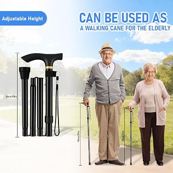 Walking Stick Folding Adjustable Height - Lightweight Aluminum Collapsible Walking Cane for Men Women and Elderly, Portable Mobility Aid with Non-Slip Rubber Tip