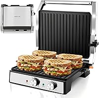 Vista 9 de Panini - Parrilla de prensa y sandwichera – 2 rebanadas, bisagra ajustable de 180°, placas de hierro antiadherentes para Panini, Quesadilla, Waffle