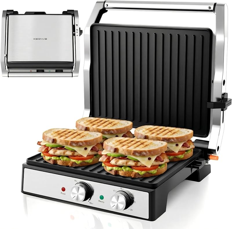 1700Watt Panini Press, Sandwich Maker with Temp & Time Setting, 4 Slice Large Non-Stick Versatile Grill Press, Opens 180 Degrees to Fit Steak, Fish, Vegetable and More