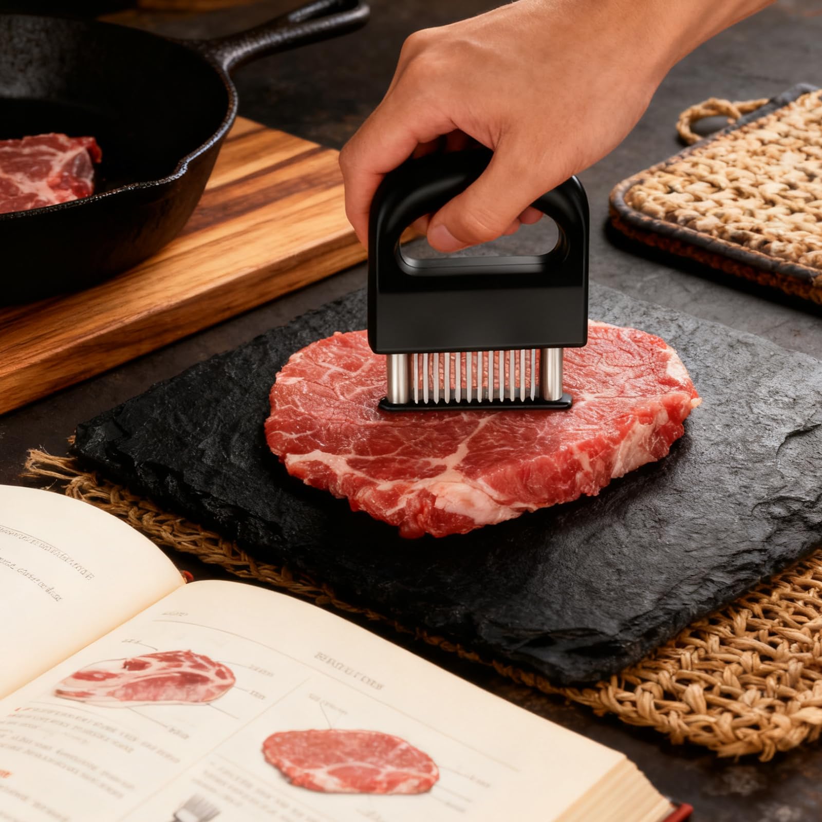 Juego Combinado de Ablandador de Carne y Aguja para Cebolla, 2 Piezas, Ablandador de Carne de Acero Inoxidable de 48 Pines, Utensilio de Cocina Multiusos para Carne de Res y Carne
