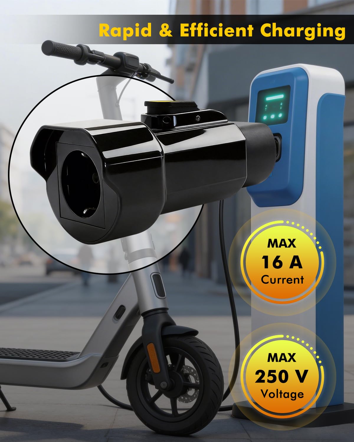 Erato Adattatore Tipo 2 a Schuko 220 V-250 V 16 A IEC-62196 Adattatore Stazione di Ricarica per Auto elettriche Scooter Elettrico Bicicletta Moto Bici elettrica, Non V2L, Nero