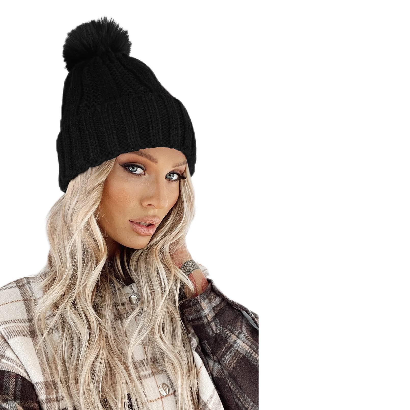 Flufymooz Beanie Wig, Hat Hair Extension Long Wavy Black Hat Wig with Faux Fur Pom, Attached 20 Inch Synthetic Hairpiece for Women Girls Winter (Light Blonde with White Blonde)